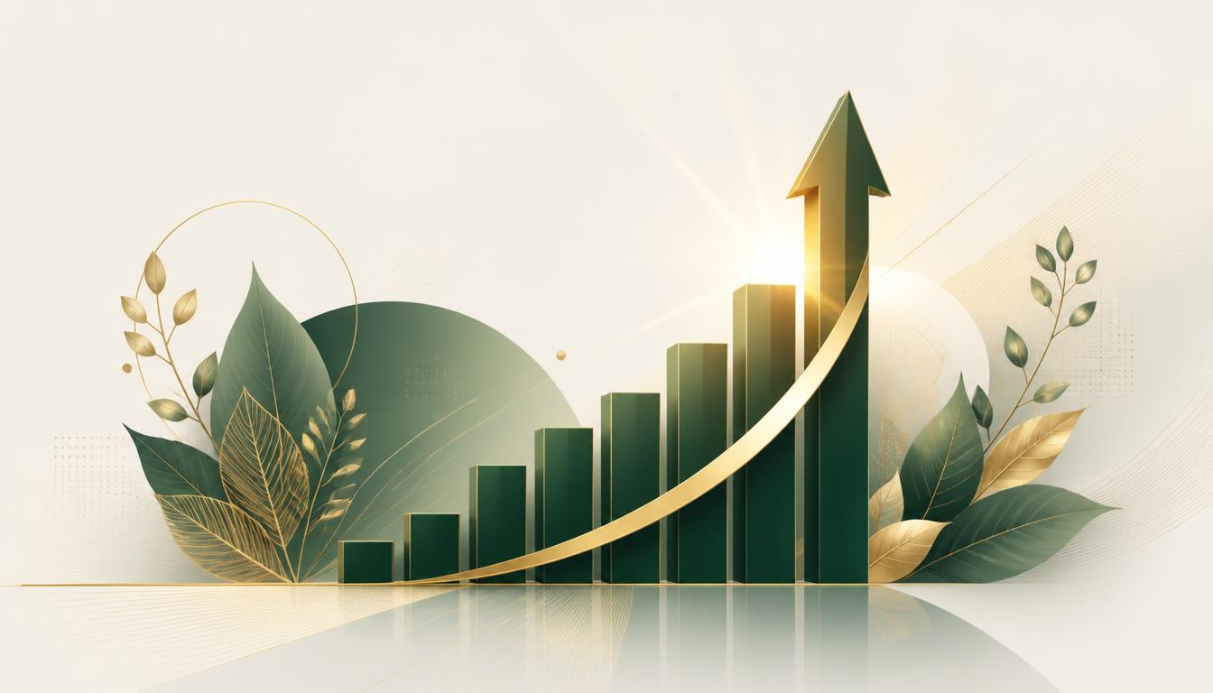Abstract illustration of business growth with rising green bar chart and golden accents